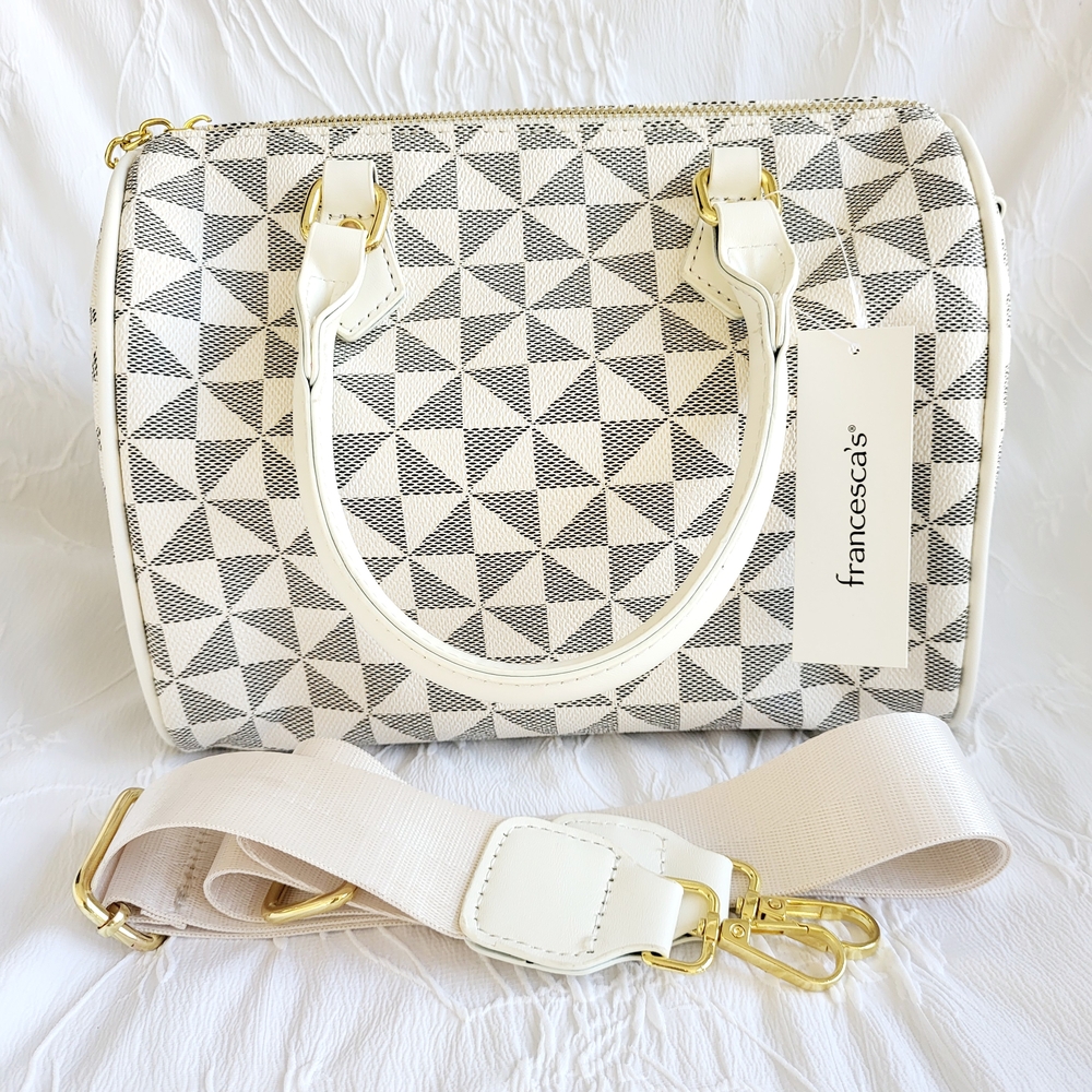 Francesca's Collections White and Gold Satchel with Geometric Design